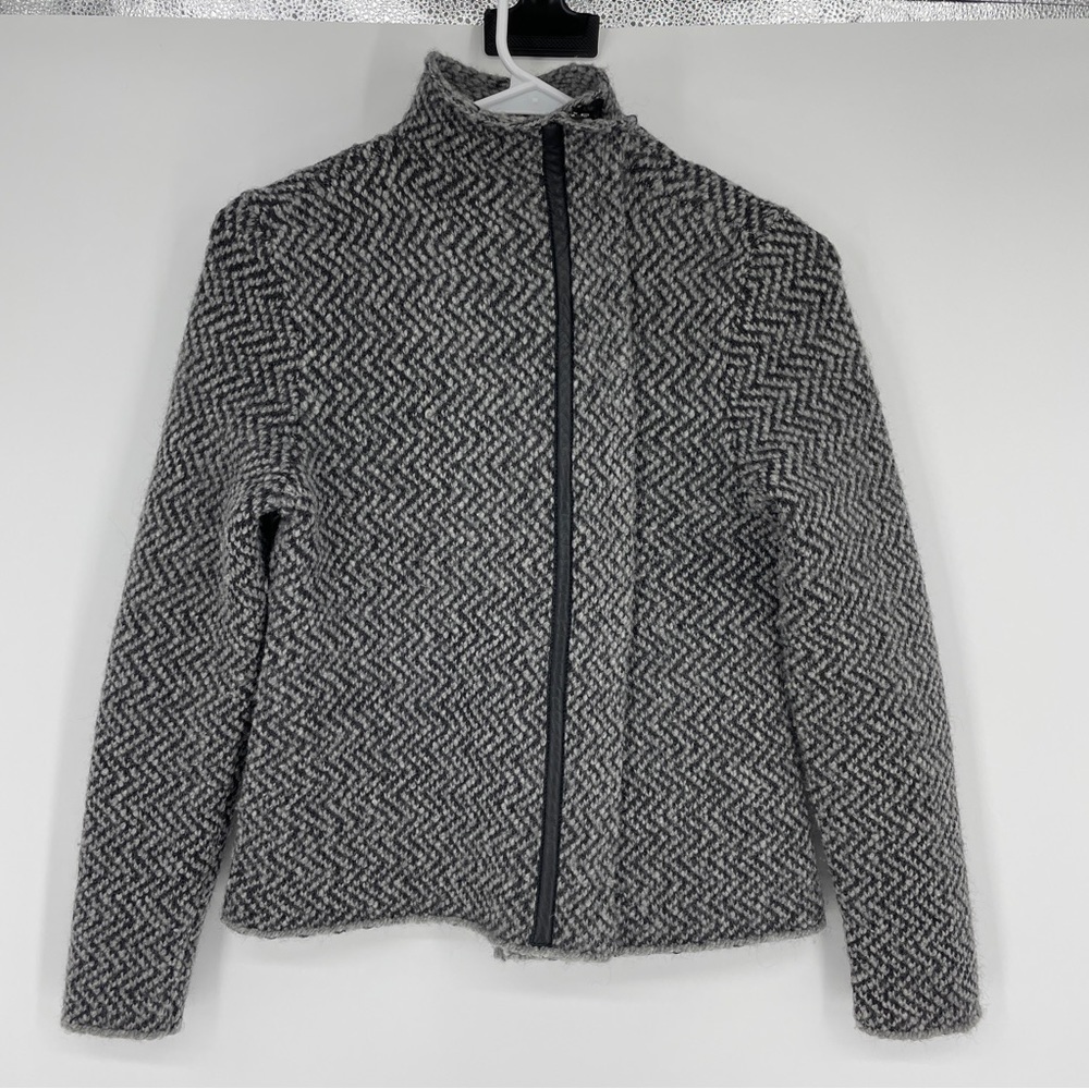 Eileen Fisher Sweater Knit Moto Jacket Wool Alpaca Gray Black Leather Trim XS